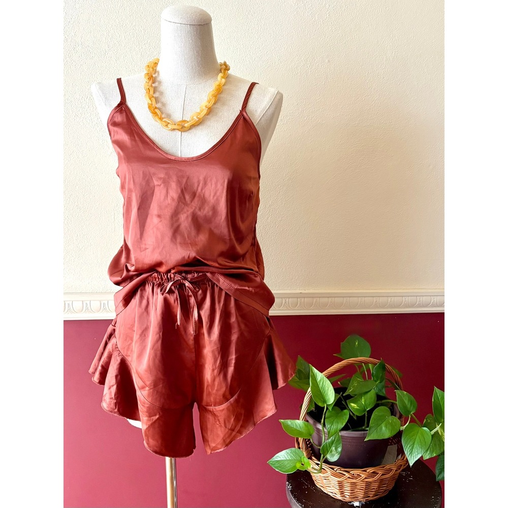 Belle's Design Copper Satin Pajama Set Cami Ruffle Shorts Sz S Coquette Romantic